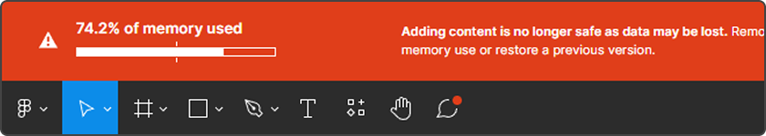 Red Figma warning: 74.2% of memory used, adding content is no longer safe and data may be lost.