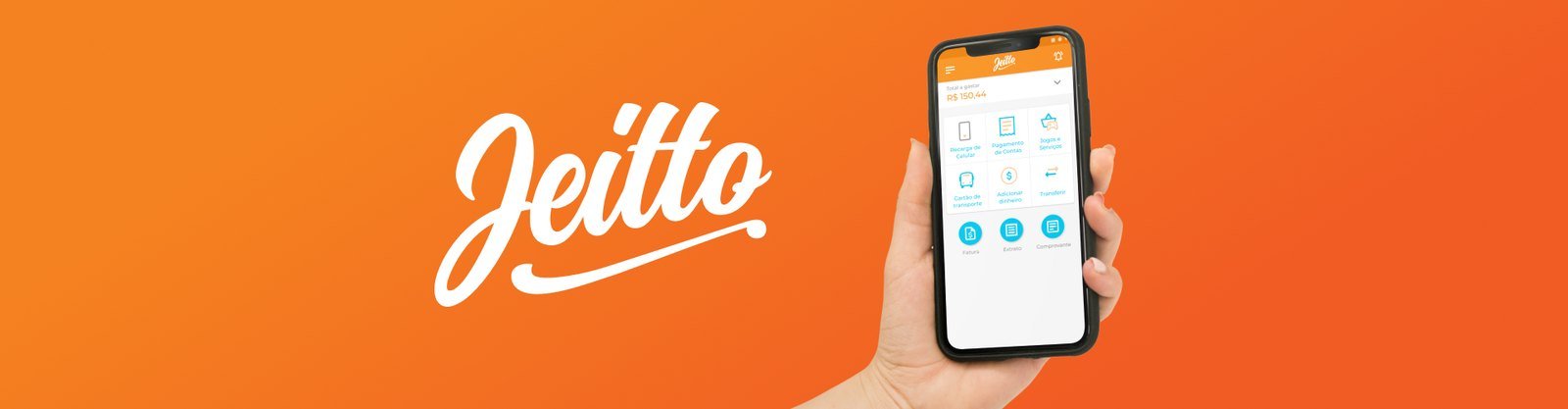Jeitto script logo and the app home screen on a phone, on orange